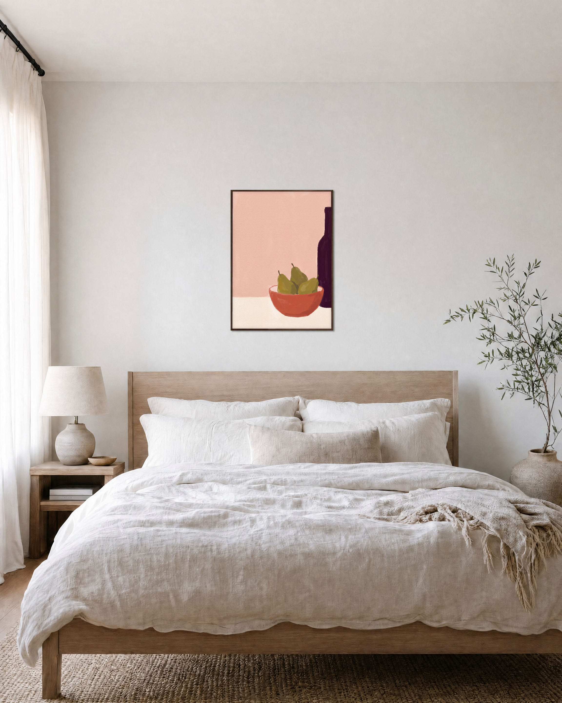Red Vessel Cluster Studio edition unframed print is shown framed for styling in a bedroom; Frame not included