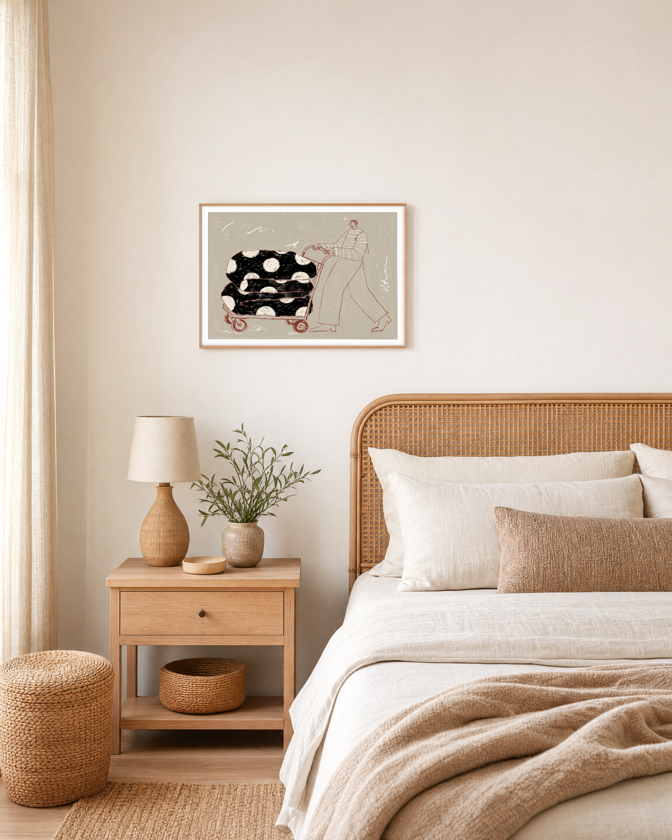Carry Pattern unframed print is shown framed for styling in a bedroom; frame not included