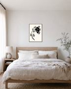 Ink Branch Fruit unframed print is shown framed for styling in a bedroom; frame not included