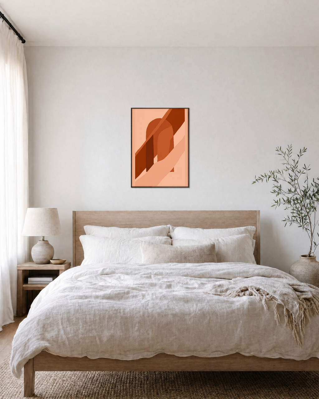 Terracotta Arch unframed print is shown framed for styling in a bedroom; frame not included