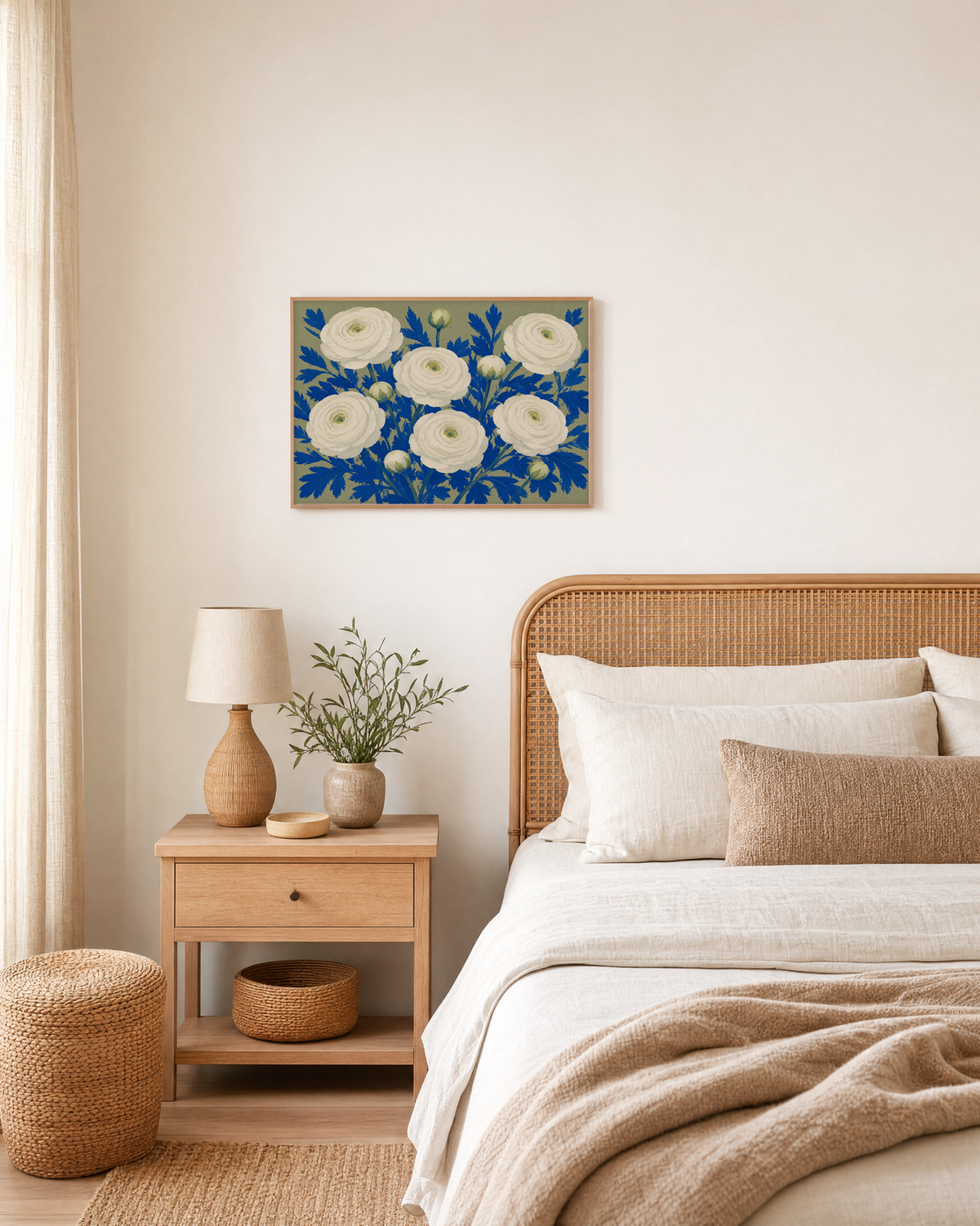 Ranunculus Thicket white ranunculus wall art: unframed print is shown framed for styling in a bedroom; frame not included