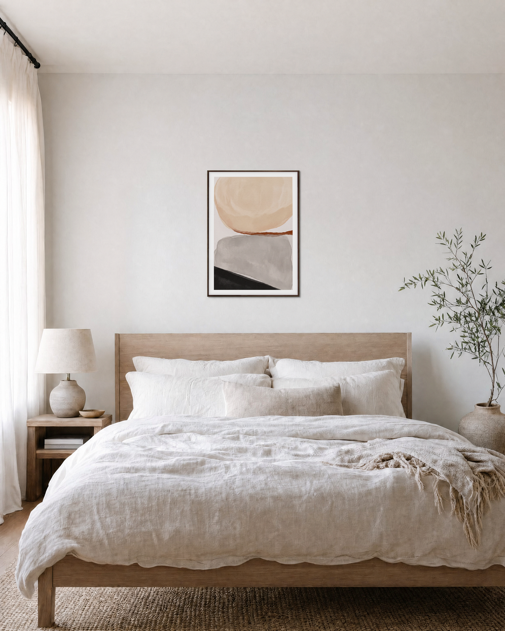 Rust Line and Charcoal Wedge beige and gray abstract wall art print: unframed print is shown framed for styling in a bedroom; frame not included