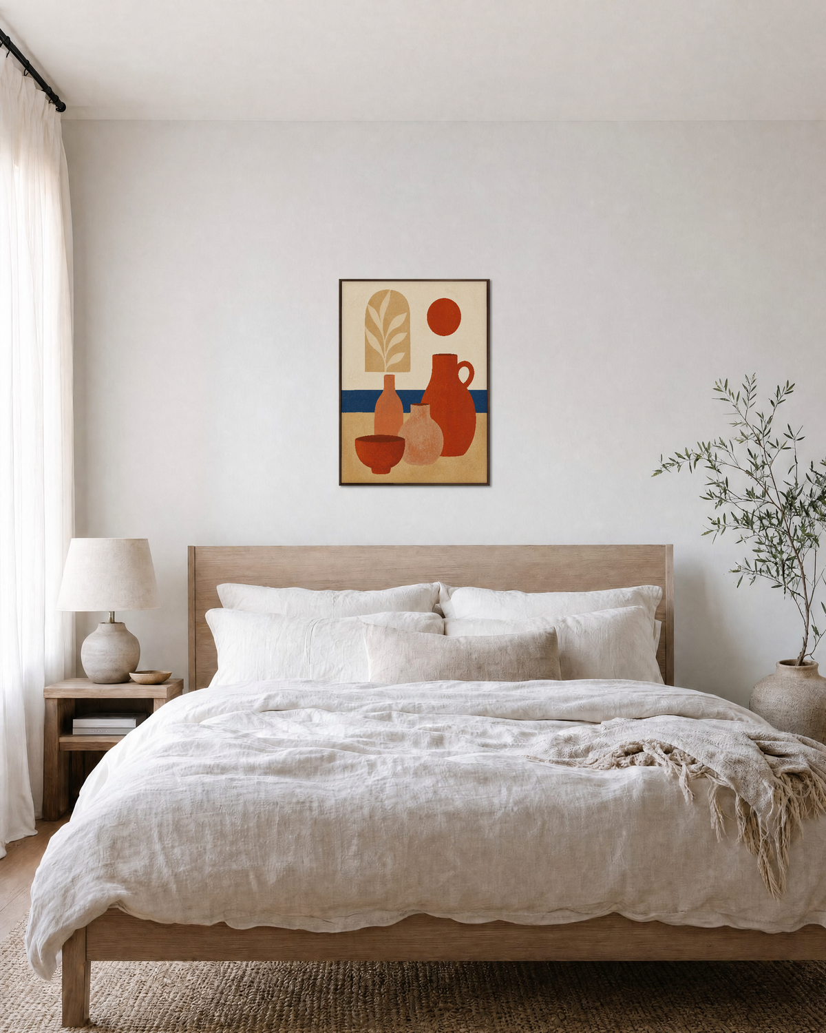 Table Hour terracotta bottle wall art: unframed print is shown framed for styling in a bedroom; frame not included
