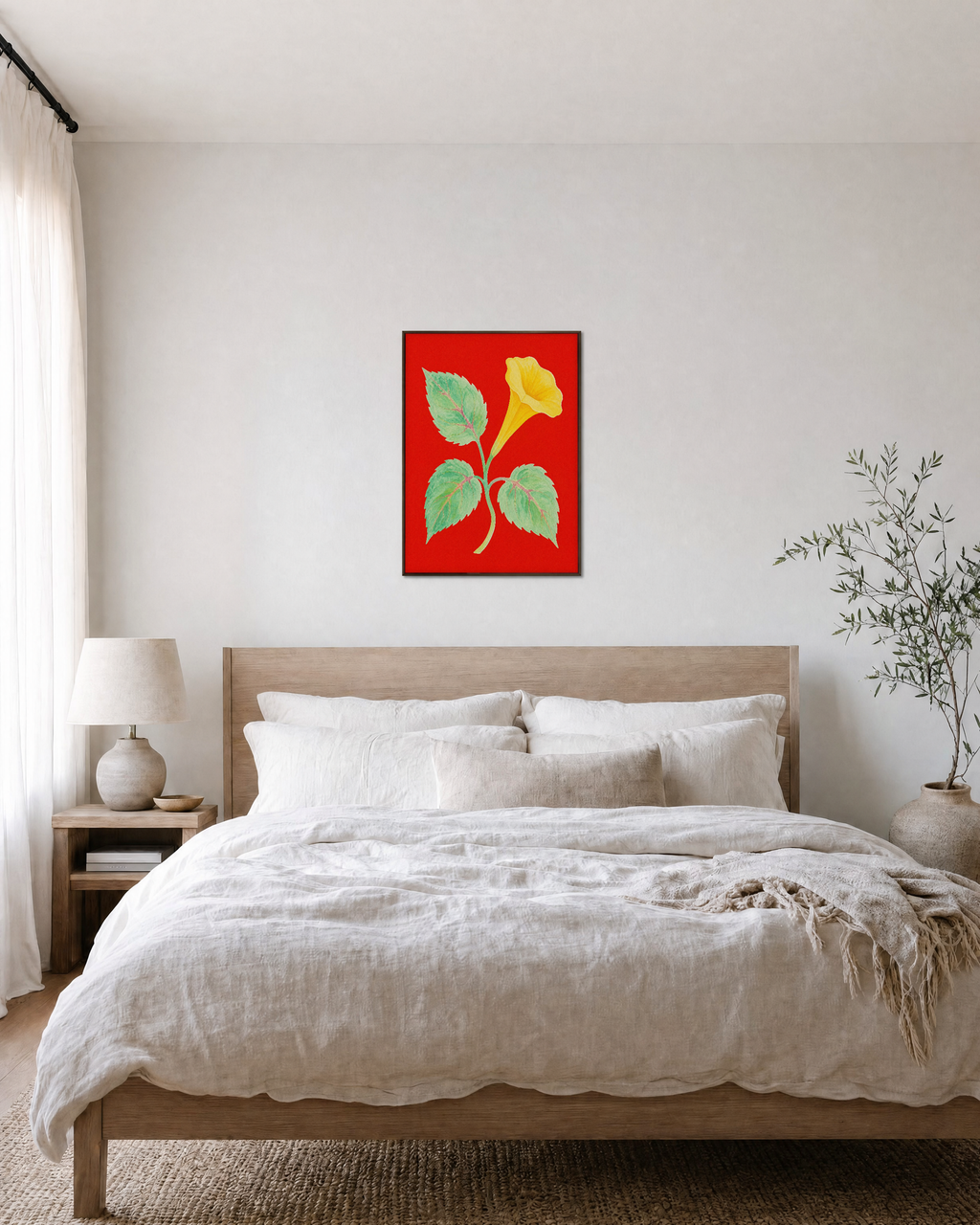 Butter Trumpet butter trumpet bloom wall art: unframed print is shown framed for styling in a bedroom; frame not included