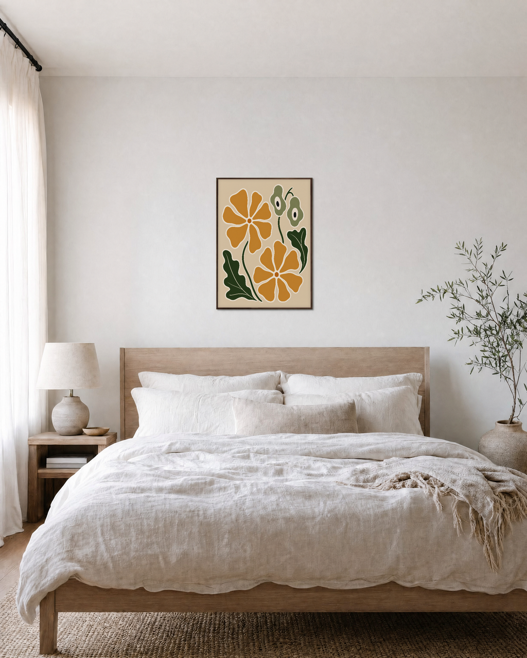 Garden Pair ochre bloom wall art: unframed print is shown framed for styling in a bedroom; frame not included