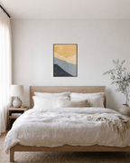 Layered Soft Planes unframed print is shown framed for styling in a bedroom; frame not included