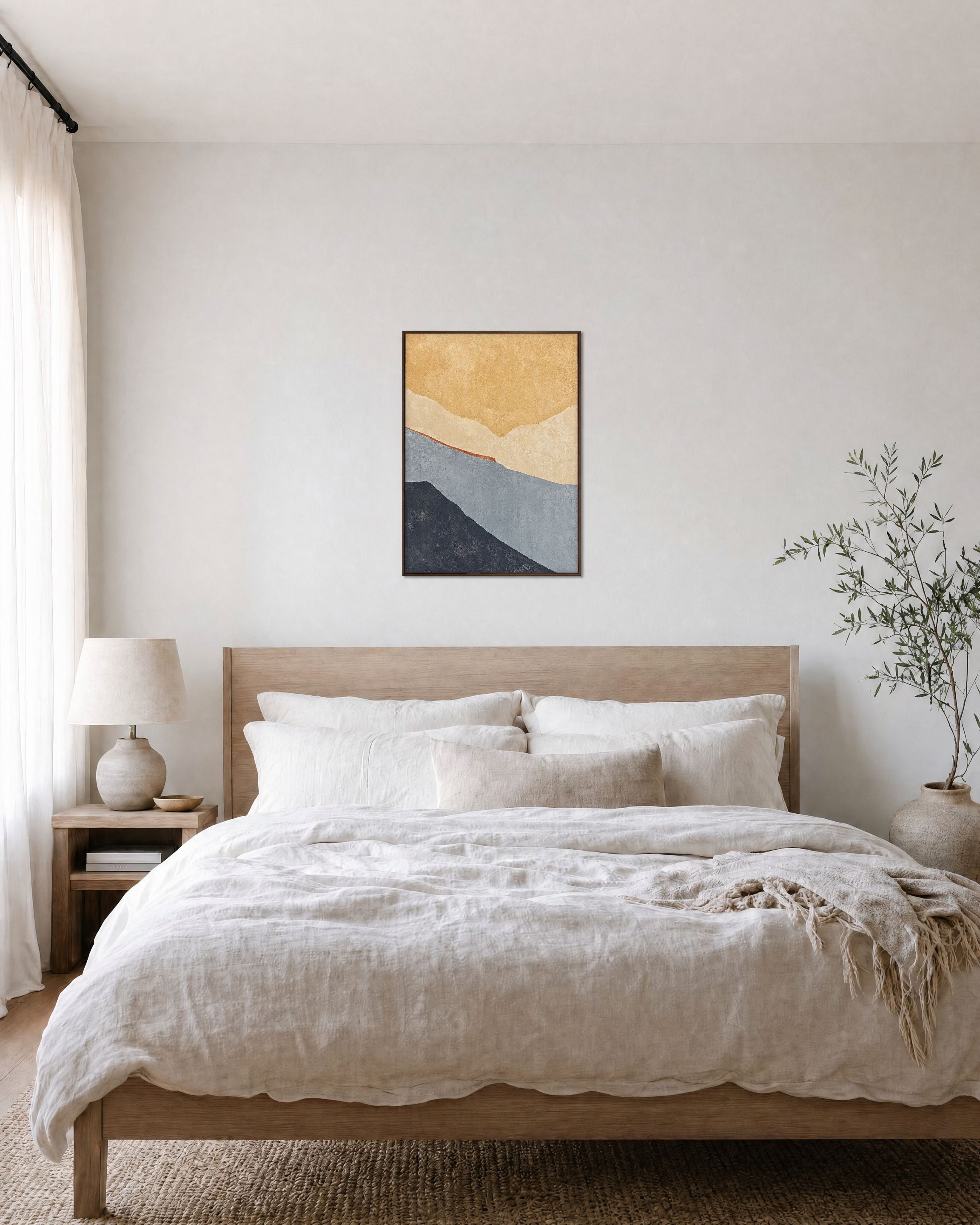 Layered Soft Planes unframed print is shown framed for styling in a bedroom; frame not included