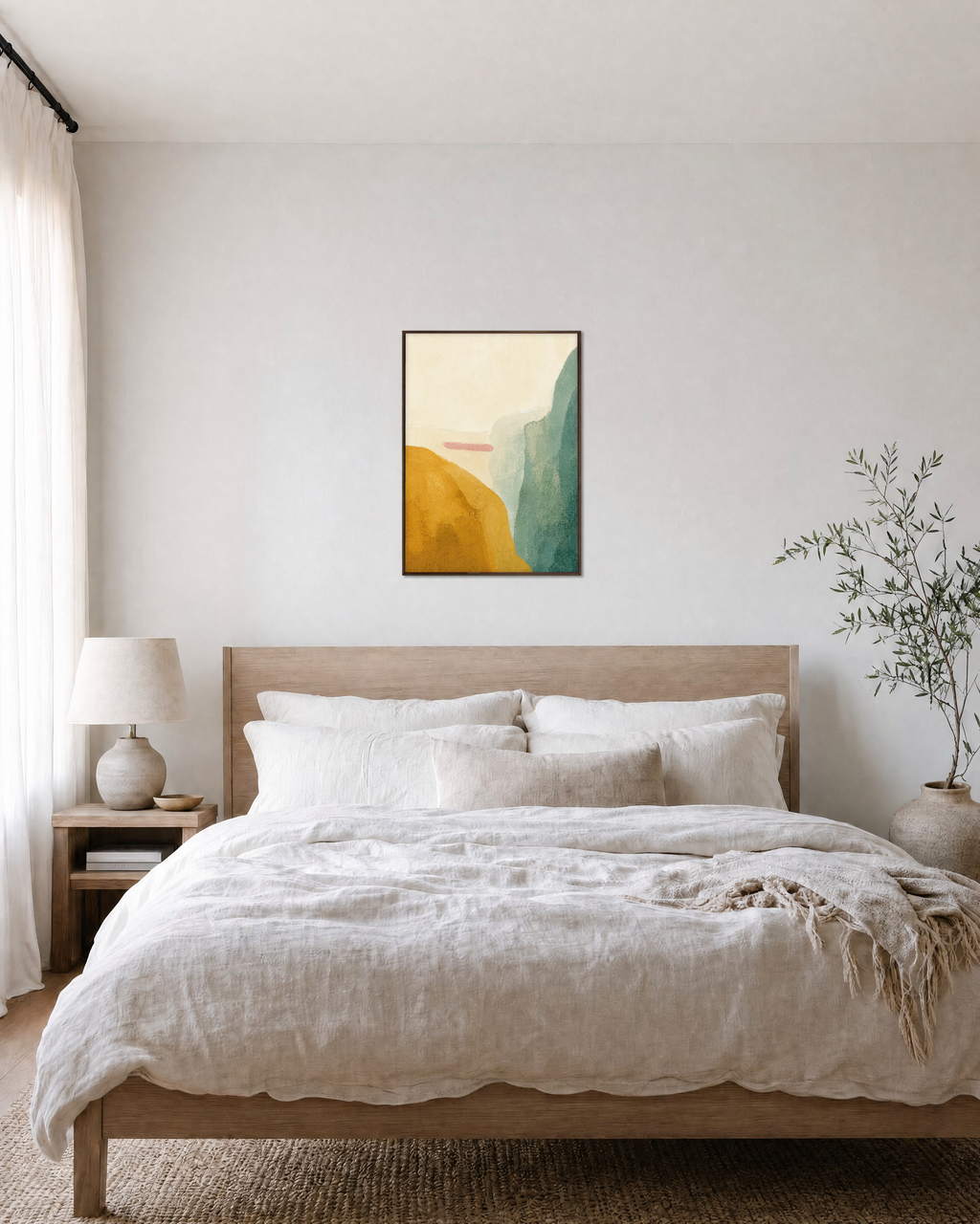 Mustard Hill Fields unframed print is shown framed for styling in a bedroom; frame not included