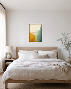 Mustard Hill Fields unframed print is shown framed for styling in a bedroom; frame not included