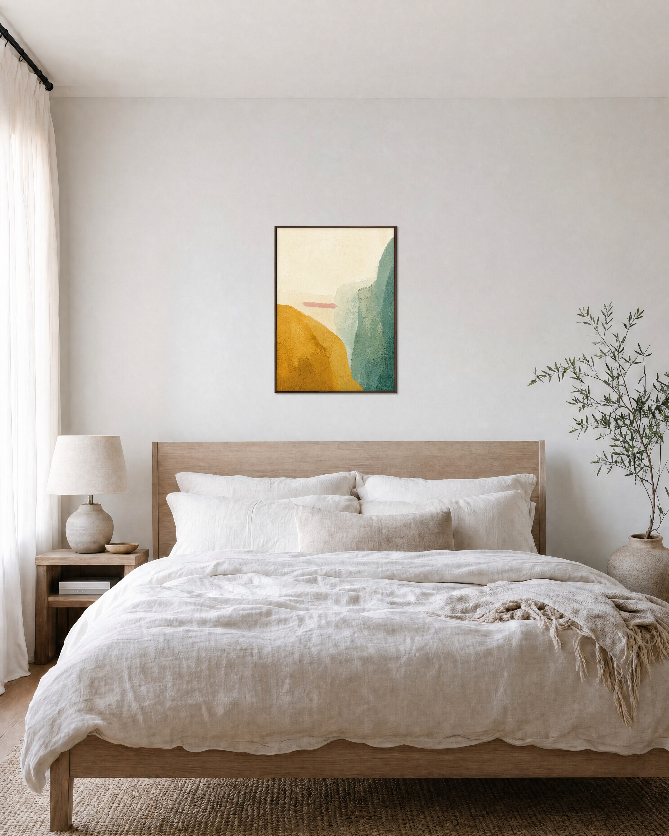 Mustard Hill Fields unframed print is shown framed for styling in a bedroom; frame not included