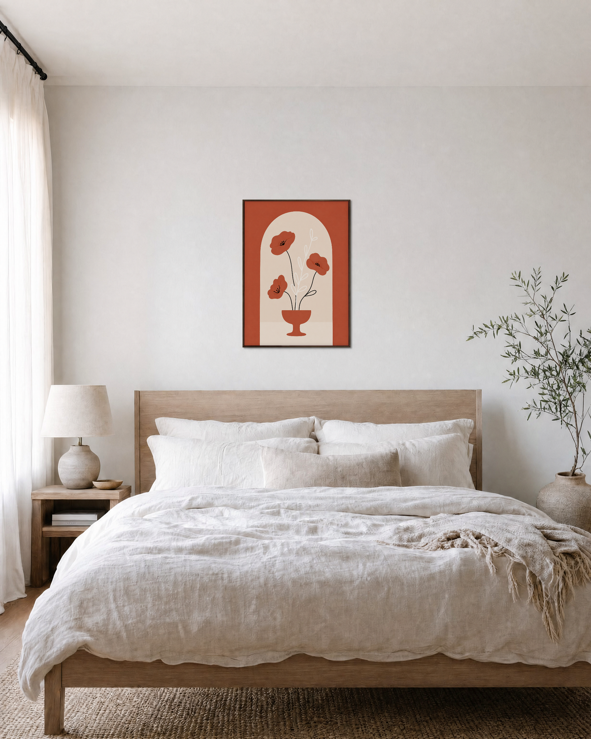 Bowl Poppies orange poppy artwork print: unframed print is shown framed for styling in a bedroom; frame not included