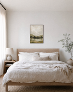 Still Water scenic wall art: unframed print is shown framed for styling in a bedroom; frame not included