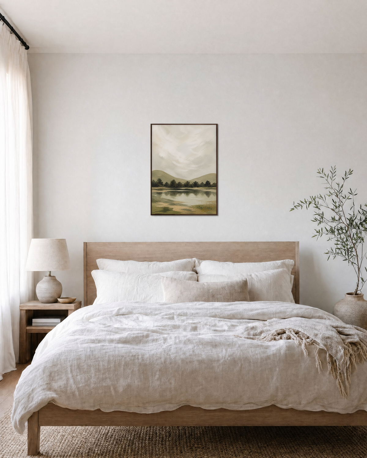 Still Water scenic wall art: unframed print is shown framed for styling in a bedroom; frame not included