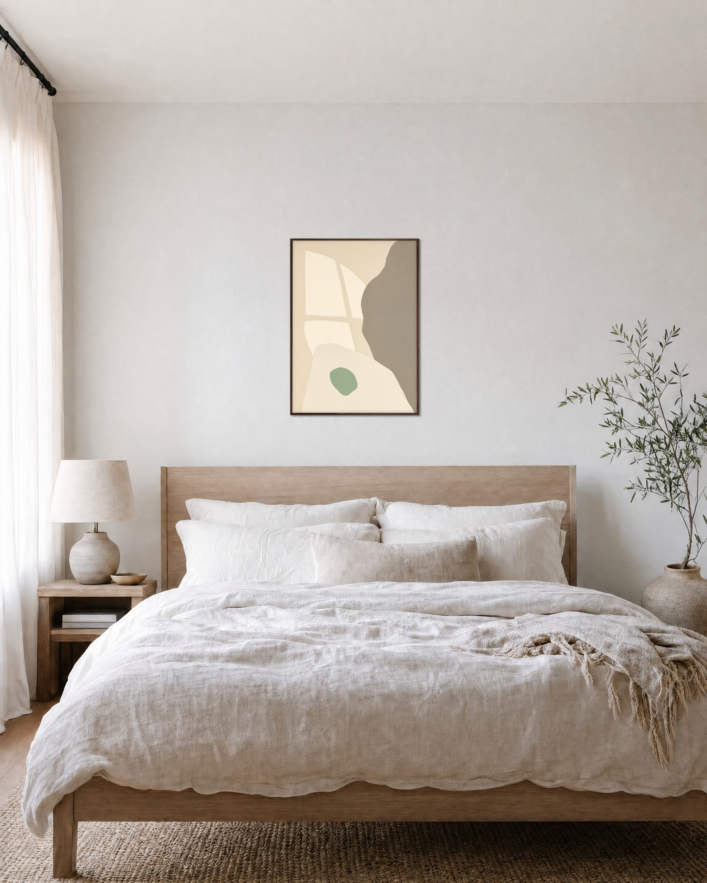 Soft Window unframed print is shown framed for styling in a bedroom; frame not included