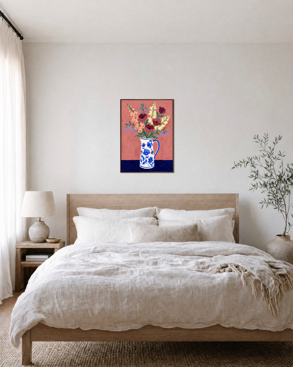 Pink floral pitcher wall art displayed in a calm bedroom