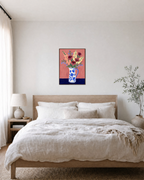 Pink floral pitcher wall art displayed in a calm bedroom