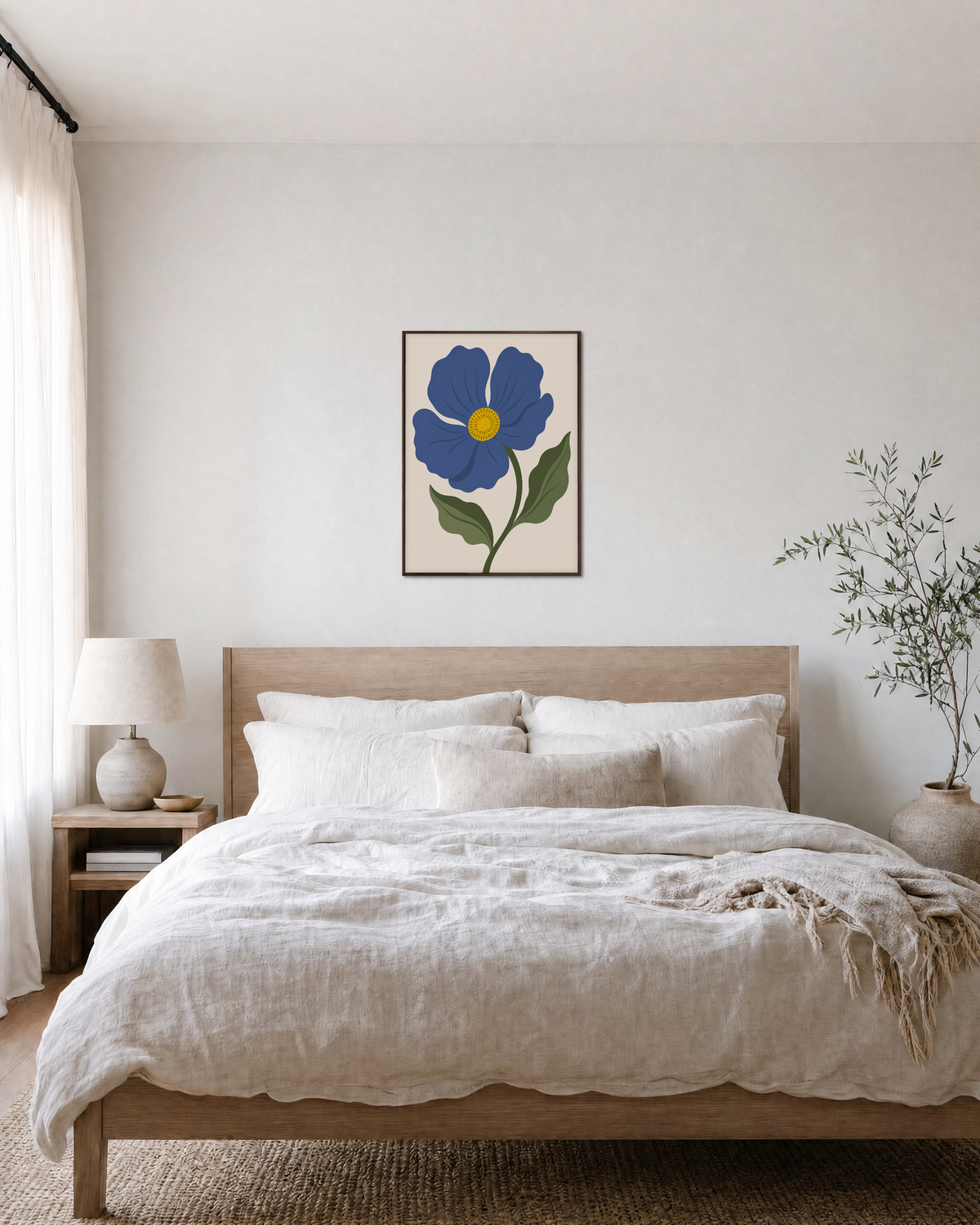 Blue Bloom blue flower art prints: unframed print is shown framed for styling in a bedroom; frame not included