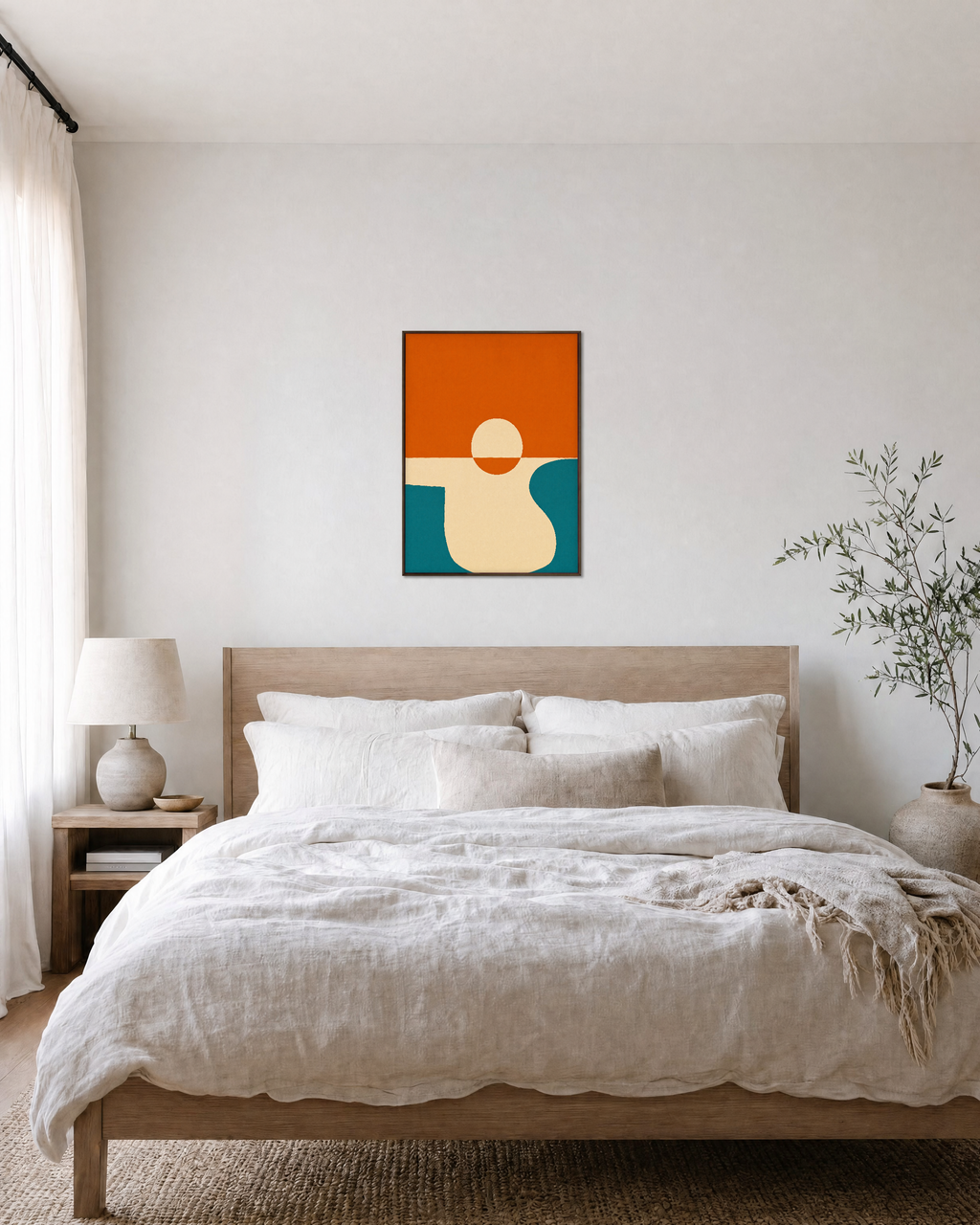 Horizon Sun unframed print is shown framed for styling in a bedroom; frame not included