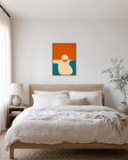 Horizon Sun unframed print is shown framed for styling in a bedroom; frame not included