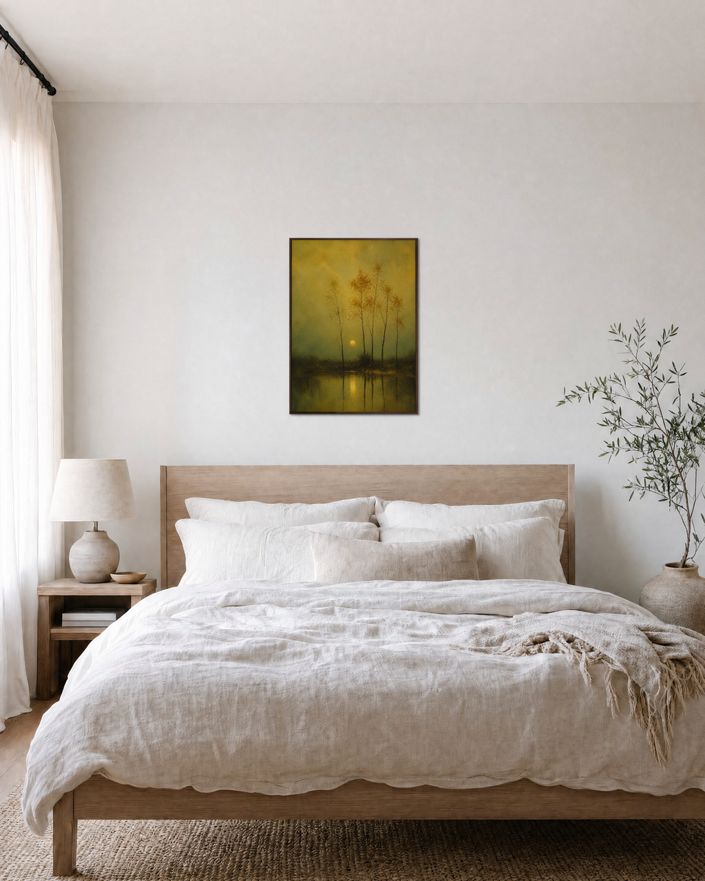 Pond Dusk amber pond trees print: unframed print is shown framed for styling in a bedroom; frame not included