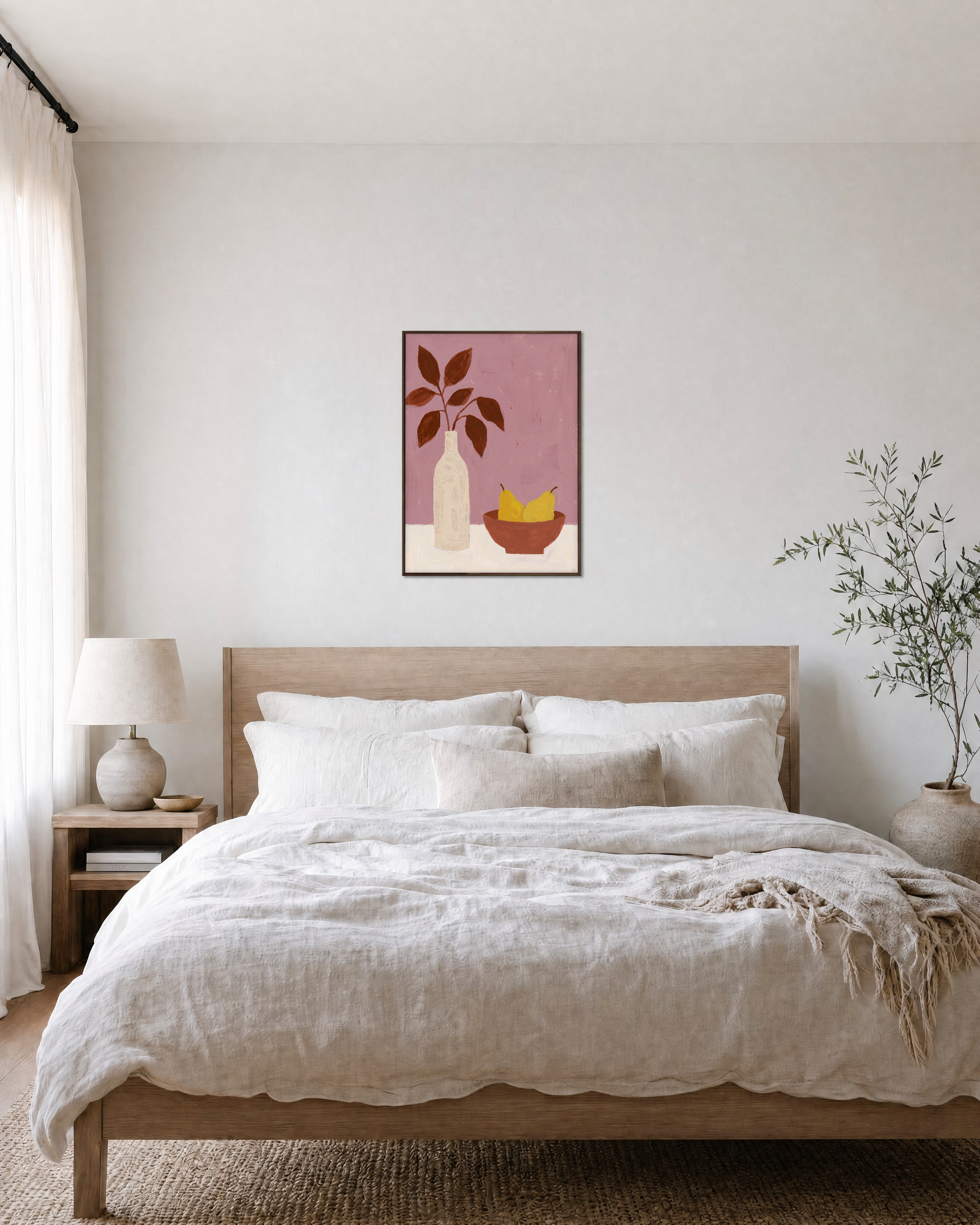 Pitcher and Lemon Studio edition unframed print is shown framed for styling in a bedroom; Frame not included