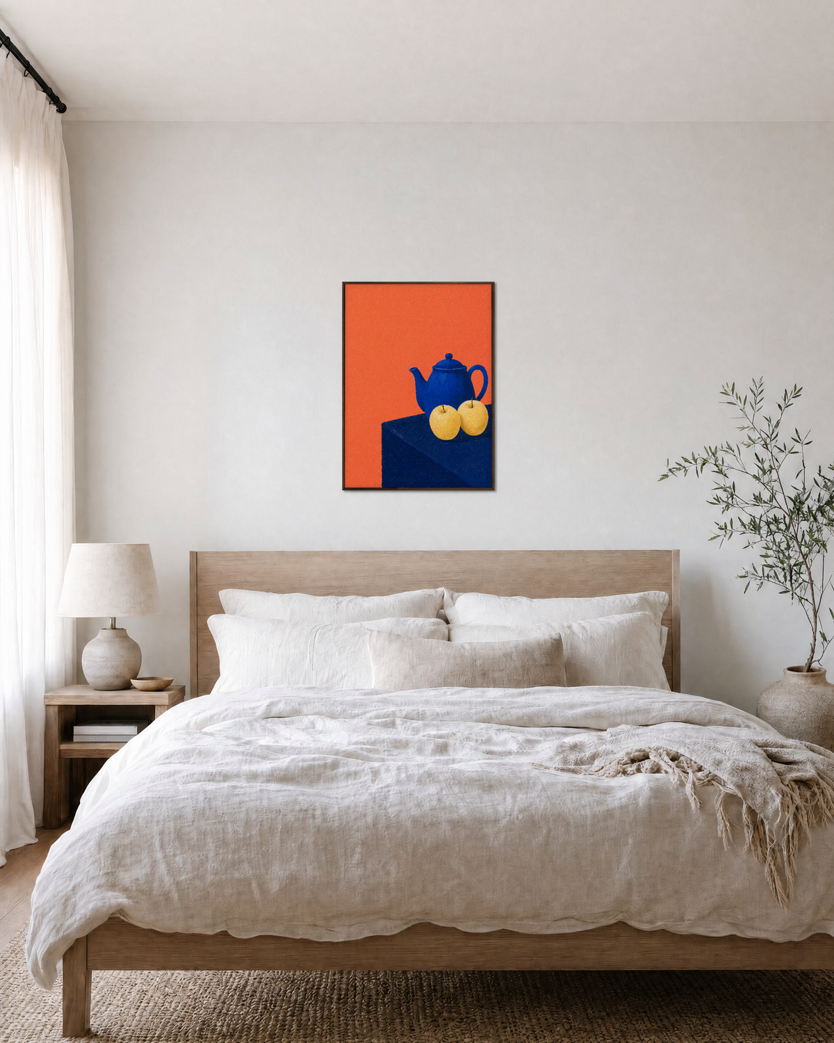 Cobalt Teapot Two Apples unframed print is shown framed for styling in a bedroom; frame not included