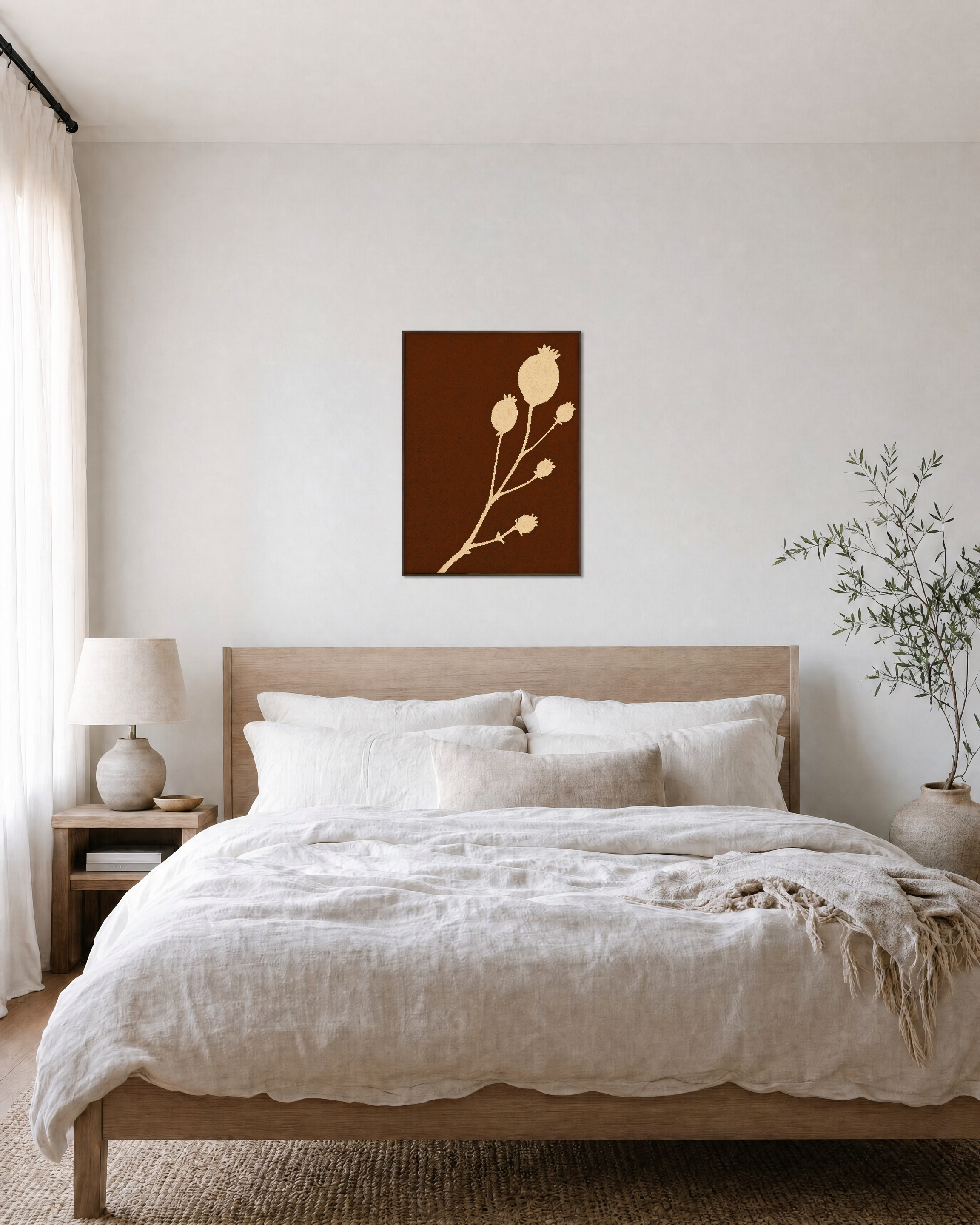 Cream Bloom Brown unframed print is shown framed for styling in a bedroom; frame not included