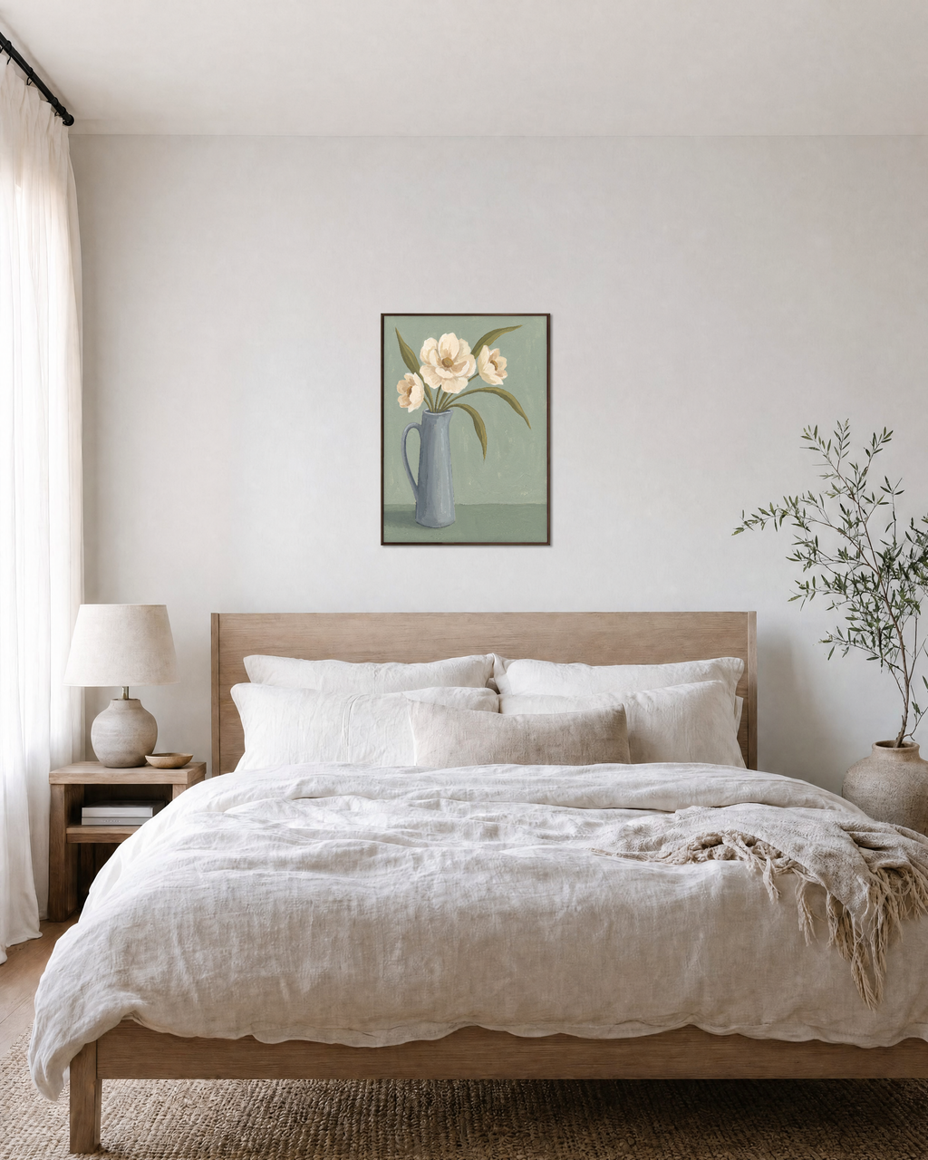Ivory Pitcher Blooms Studio edition unframed print is shown framed for styling in a bedroom; Frame not included