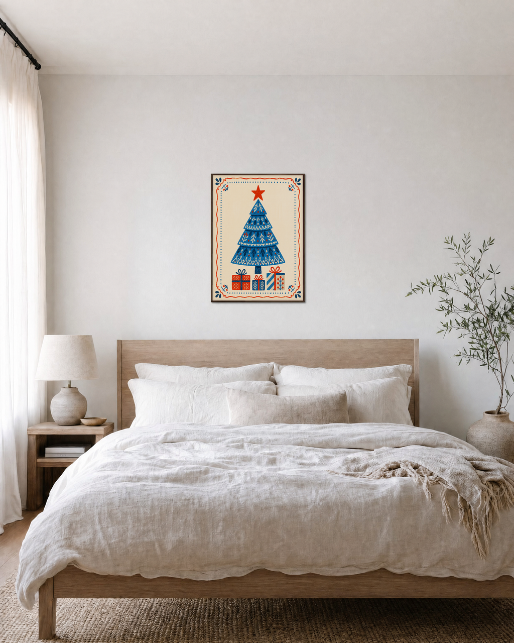 Gift Tree modern christmas wall art: unframed print is shown framed for styling in a bedroom; frame not included