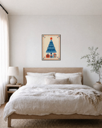 Gift Tree modern christmas wall art: unframed print is shown framed for styling in a bedroom; frame not included