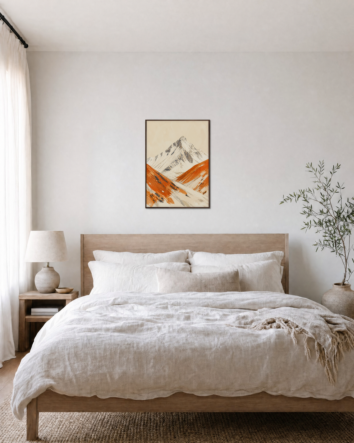 Ridge Climb orange ridge wall art: unframed print is shown framed for styling in a bedroom; frame not included