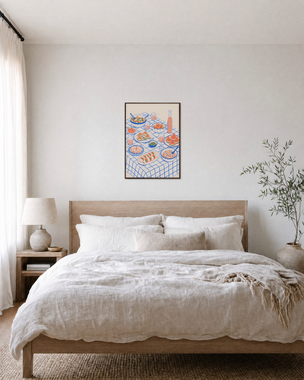 Picnic Hour food art prints: unframed print is shown framed for styling in a bedroom; frame not included