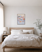 Picnic Hour food art prints: unframed print is shown framed for styling in a bedroom; frame not included