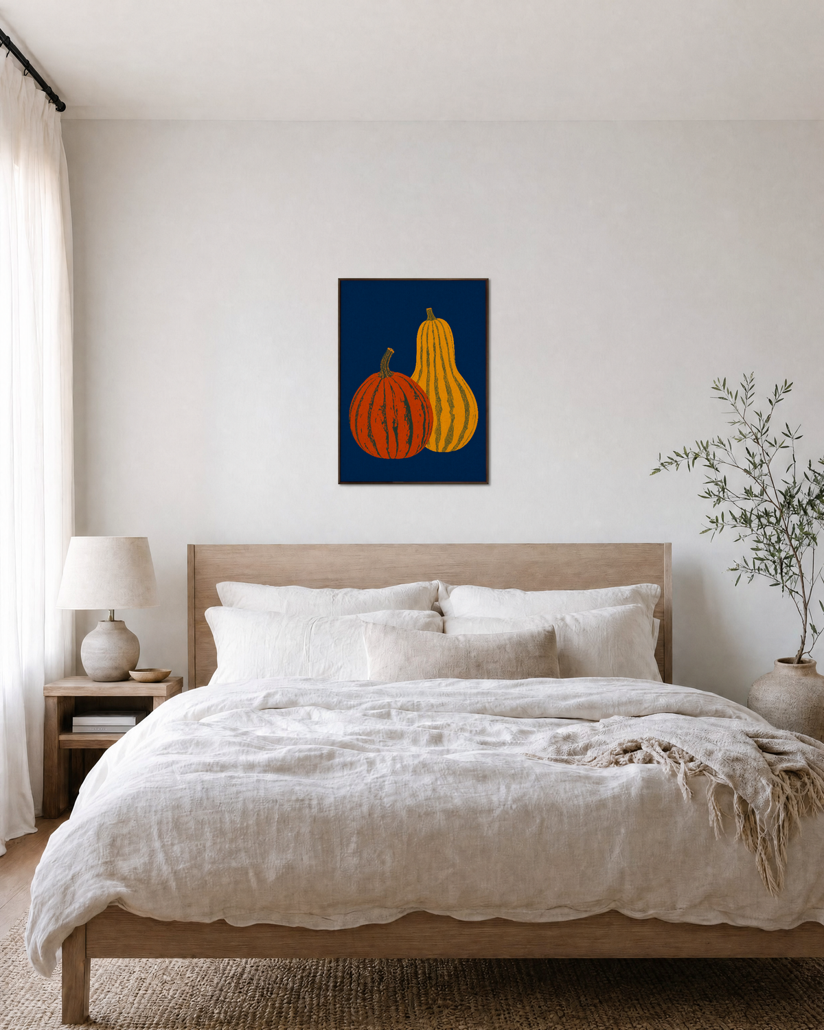 Late Harvest pumpkin delicata wall art: unframed print is shown framed for styling in a bedroom; frame not included