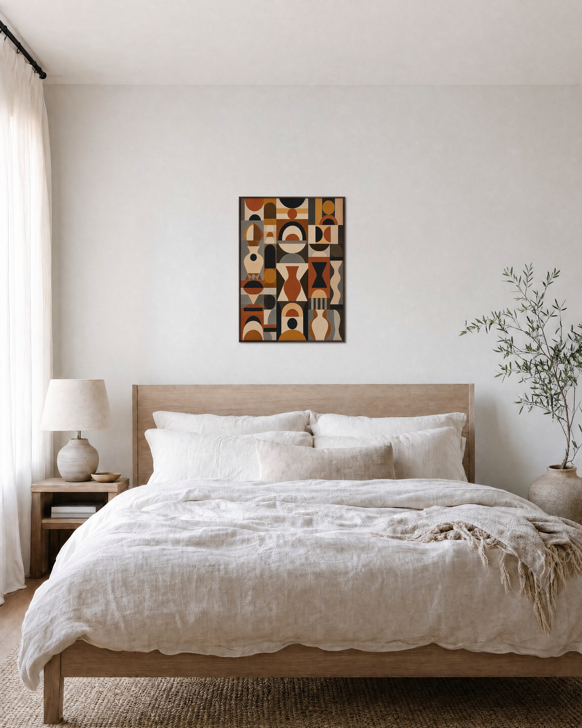 Vessel Ledger earth tone abstract art print: unframed print is shown framed for styling in a bedroom; frame not included