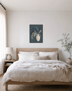 Off-Center Cream Amphora teal botanical wall art print: unframed print is shown framed for styling in a bedroom; frame not included