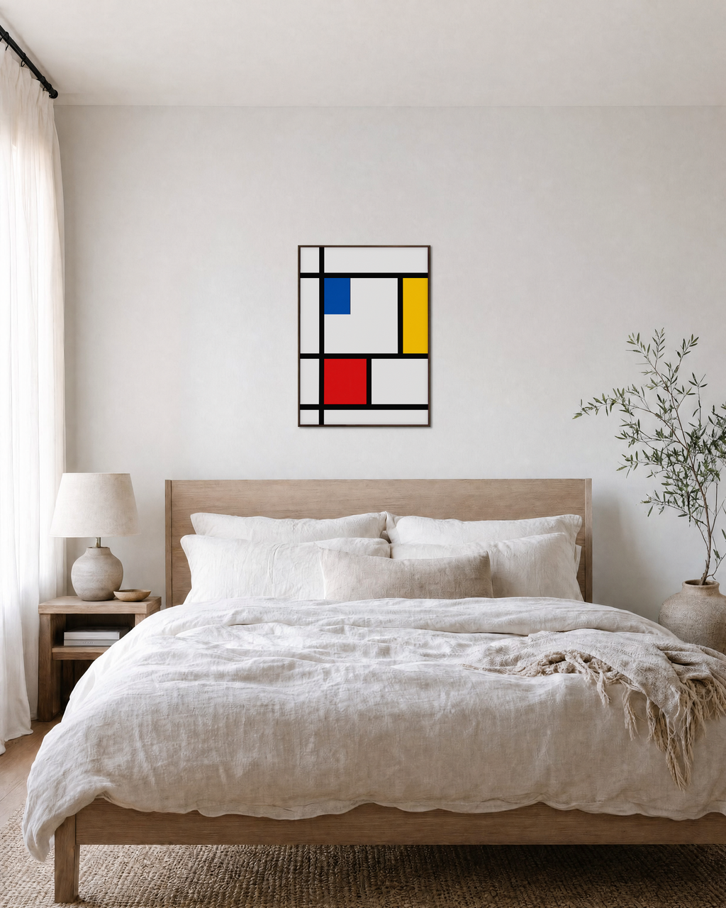 Blue Red Yellow Bar Grid Remap unframed print is shown framed for styling in a bedroom; frame not included