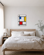 Blue Red Yellow Bar Grid Remap unframed print is shown framed for styling in a bedroom; frame not included