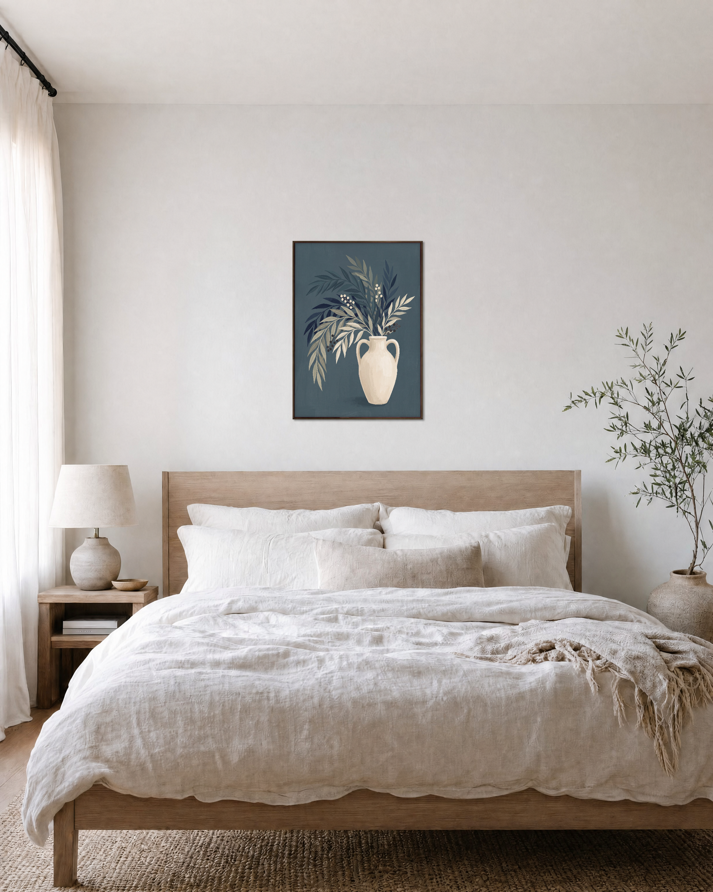 Teal Willow Pitcher unframed print is shown framed for styling in a bedroom; frame not included