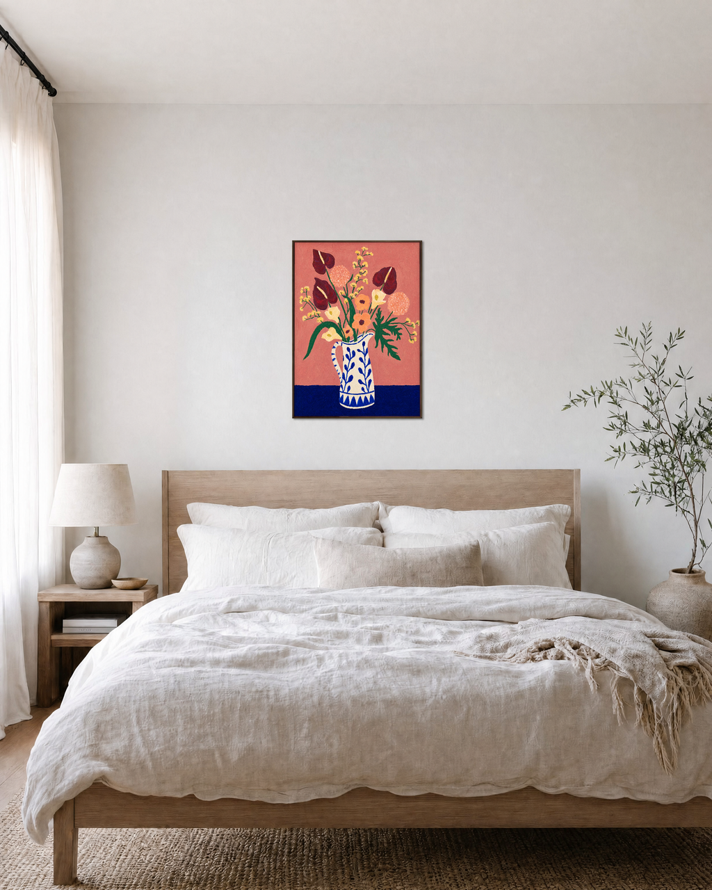 Terracotta flower vase wall art styled in a bedroom