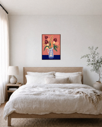 Terracotta flower vase wall art styled in a bedroom
