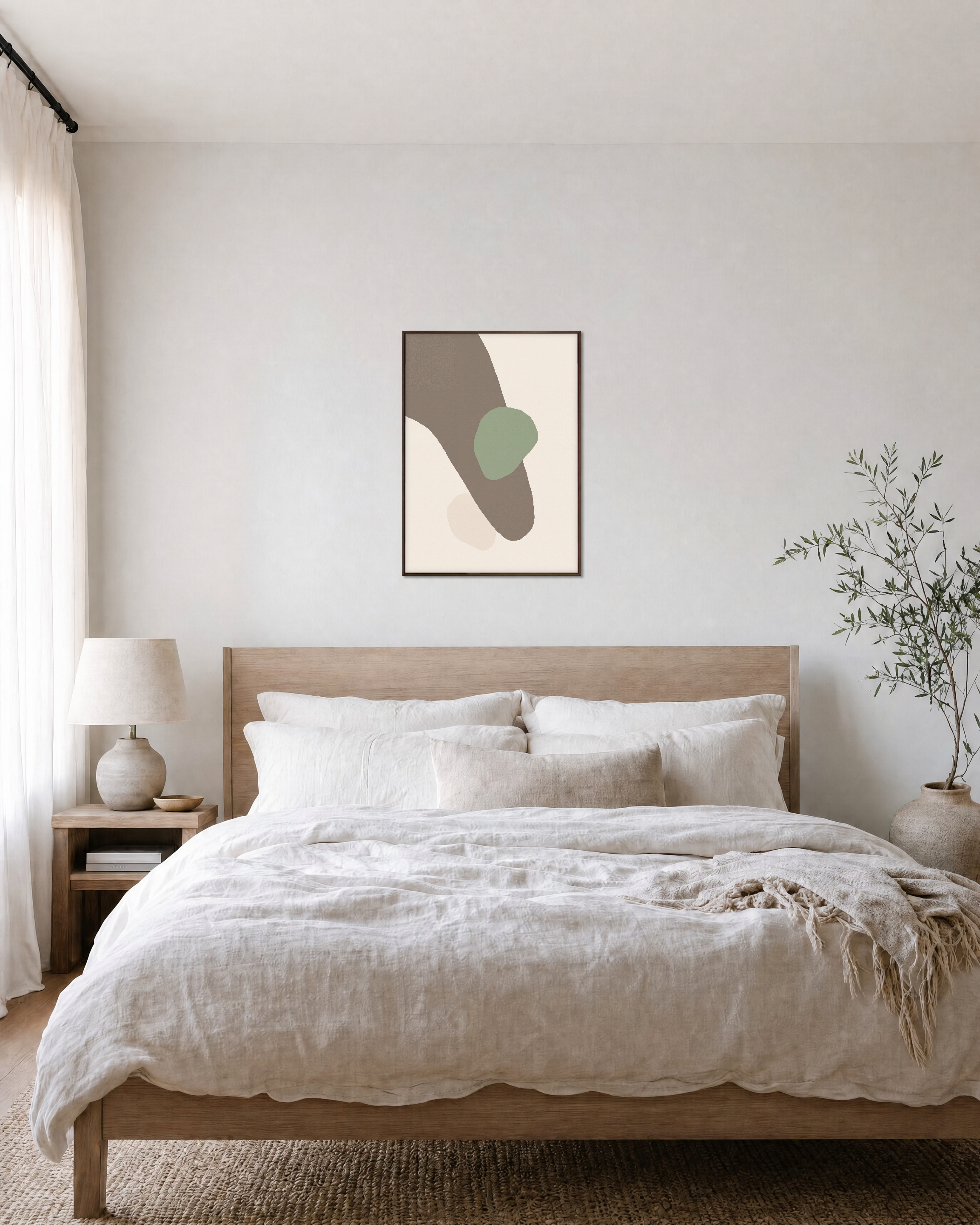 Soft Window unframed print is shown framed for styling in a bedroom; frame not included
