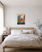 Shelf Fruit orange vessel still life wall art: unframed print is shown framed for styling in a bedroom; frame not included
