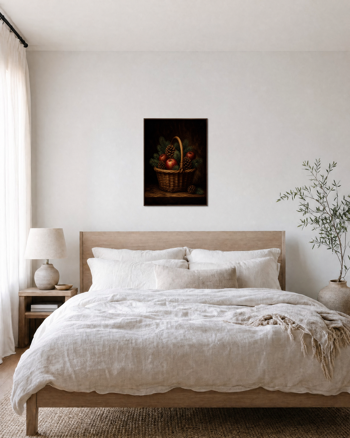 Winter Basket apple basket print: unframed print is shown framed for styling in a bedroom; frame not included