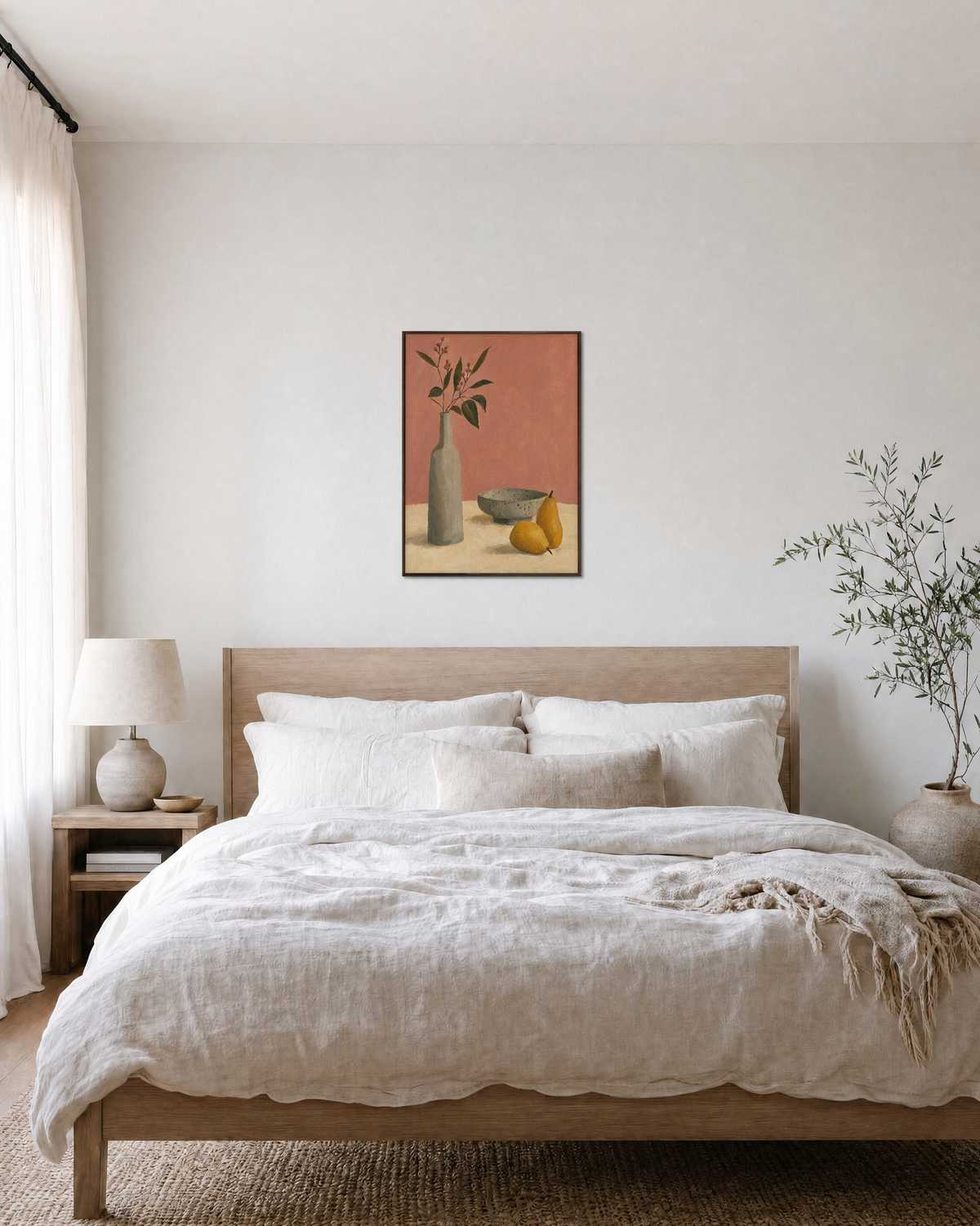 Pears Beside Tall Vase yellow fruit and vase wall art print: unframed print is shown framed for styling in a bedroom; frame not included