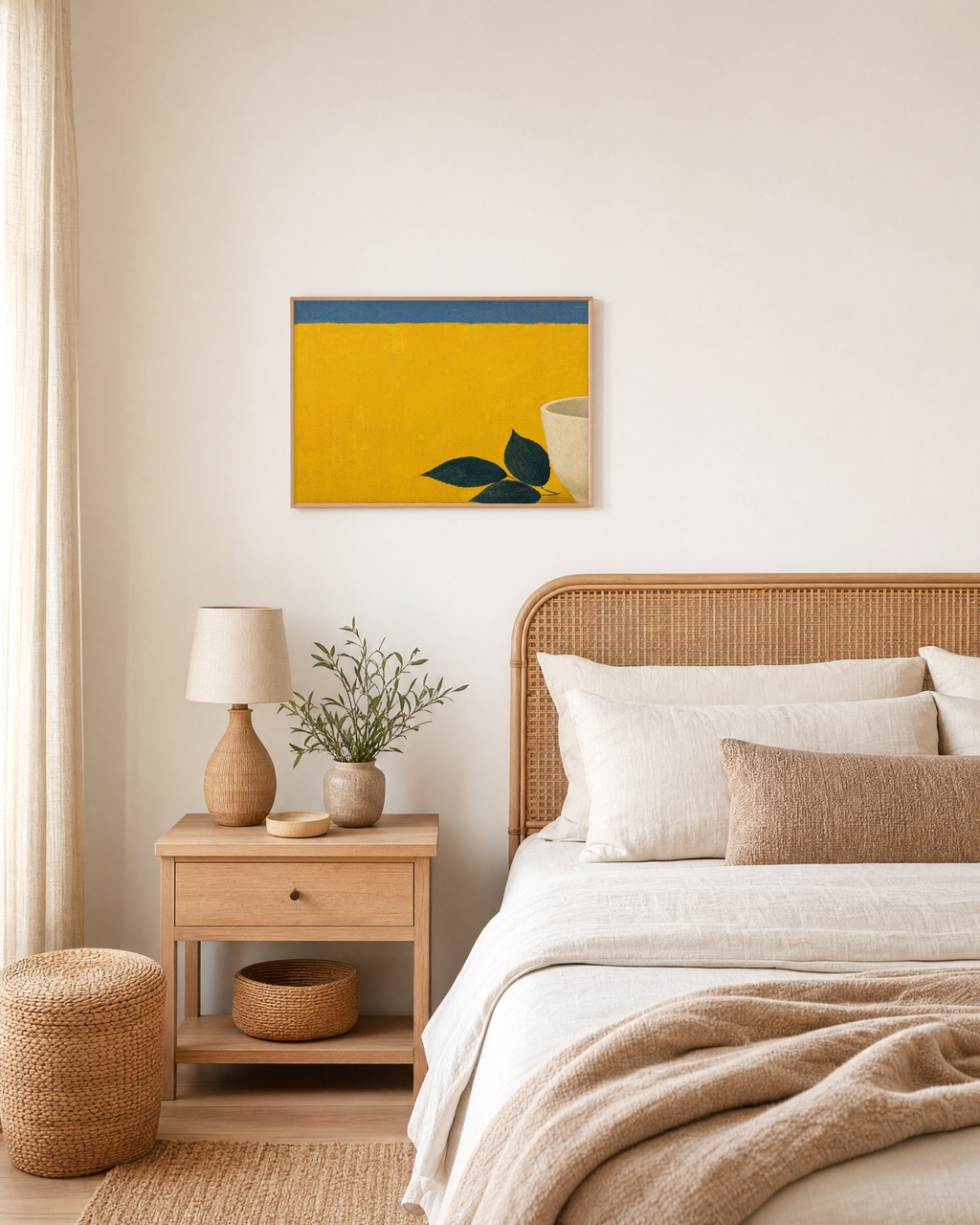 Mustard Leaf Pot Press edition unframed print is shown framed for styling in a bedroom; Frame not included