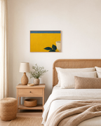 Mustard Leaf Pot Press edition unframed print is shown framed for styling in a bedroom; Frame not included