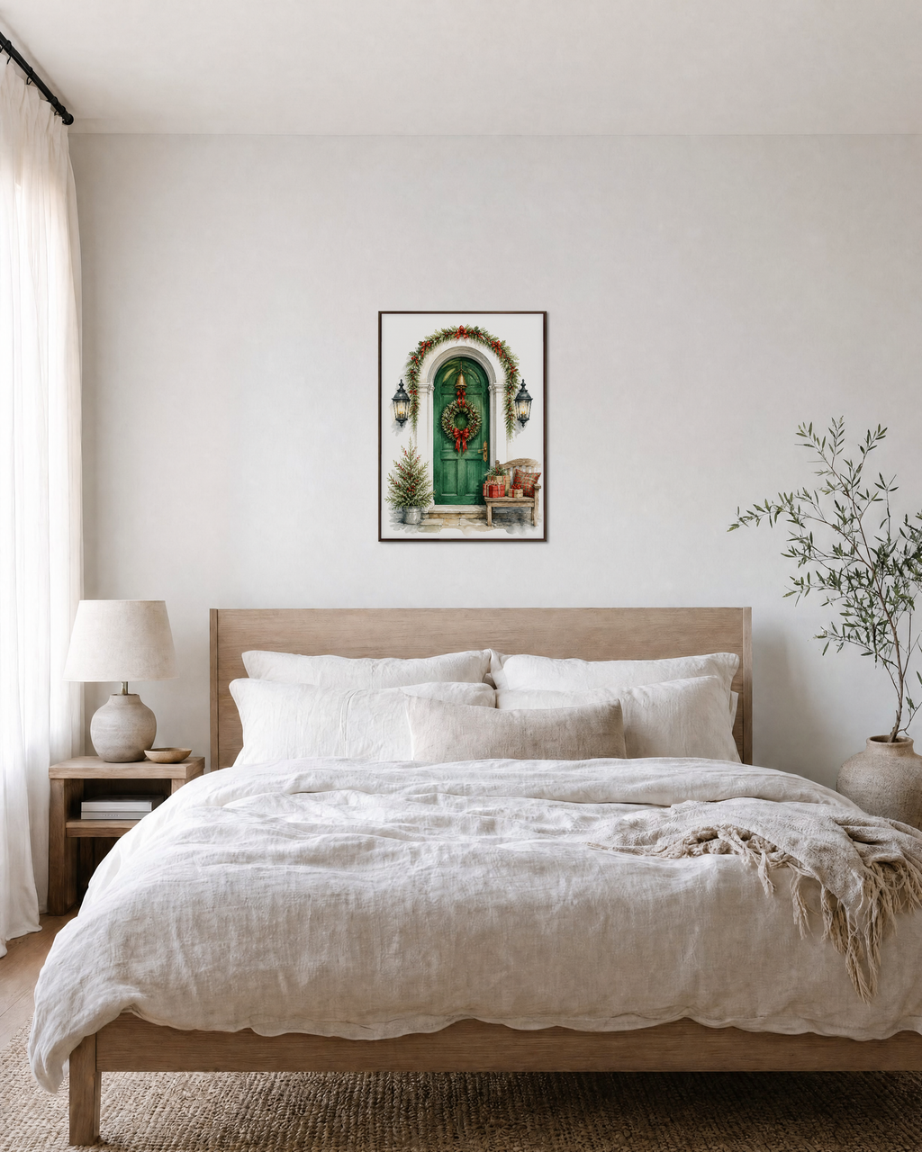 December Door green door print: unframed print is shown framed for styling in a bedroom; frame not included