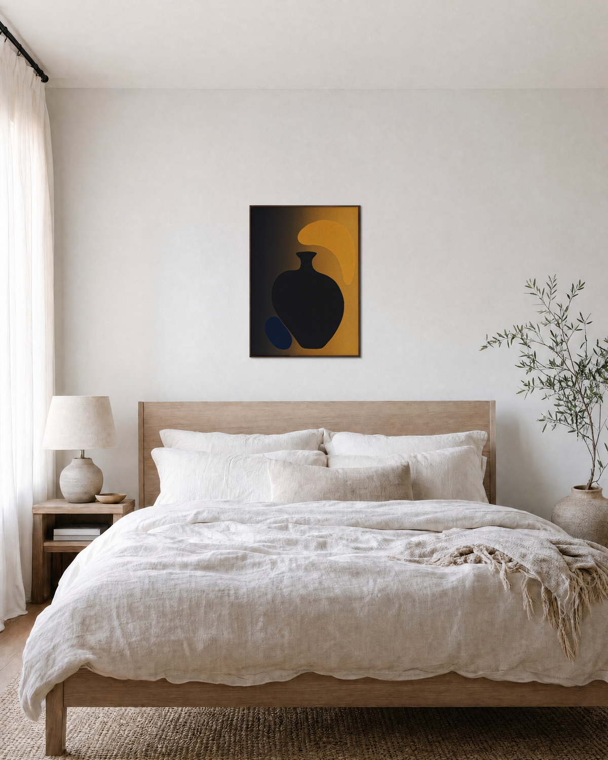Dark Oval Vessel with Orange dark oval vessel forms wall art print: unframed print is shown framed for styling in a bedroom; frame not included