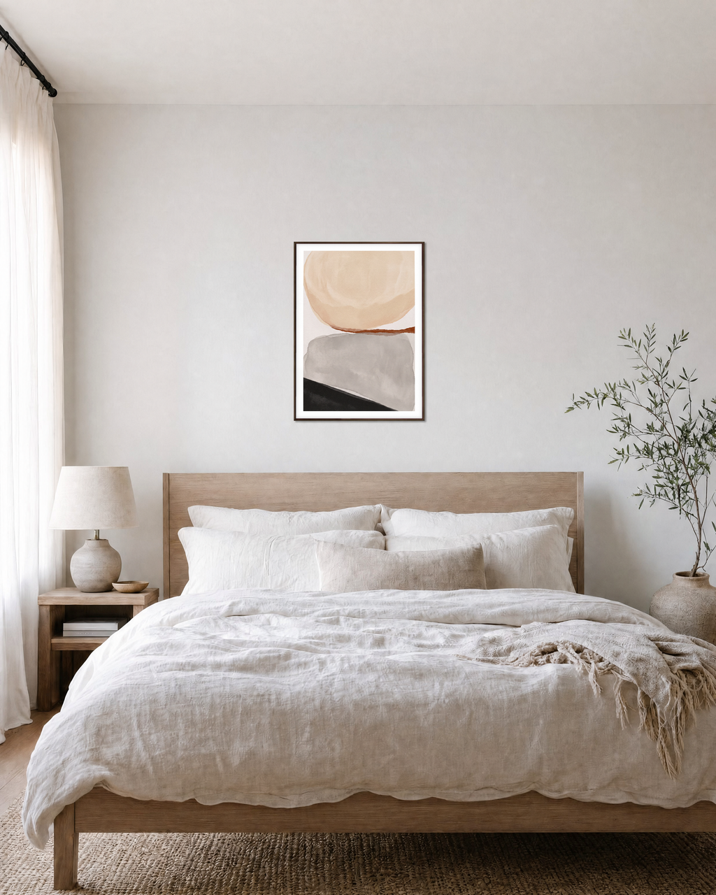Layered Soft Planes unframed print is shown framed for styling in a bedroom; frame not included